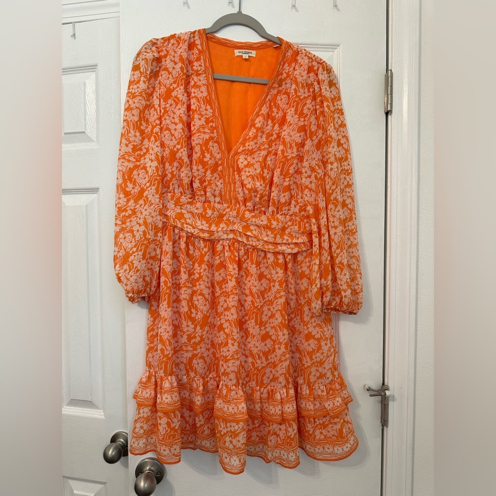 Max Studio Orange Floral V-Neck Mini Dress